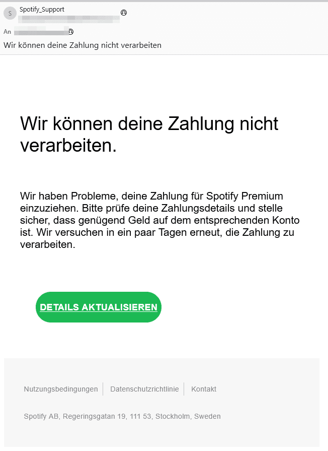 Gefälschte Spotify-Mail mit angeblichem Zahlungsproblem und dem Button Details aktualisieren
