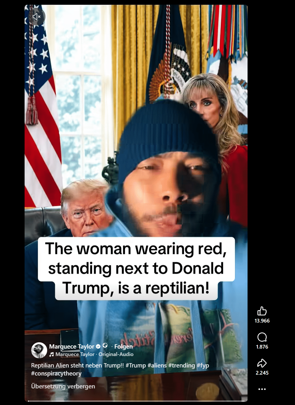 Screenshot eines Facebook-Reels mit der Behauptung, die Frau im roten Kleid neben Donald Trump sei ein Reptiloid