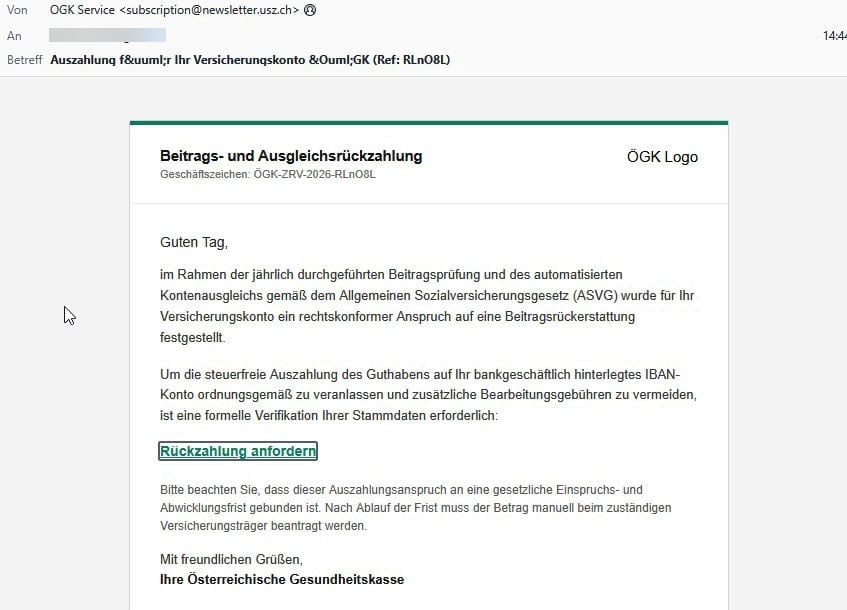 Screenshot: Phishing-Mail im Namen der ÖGK