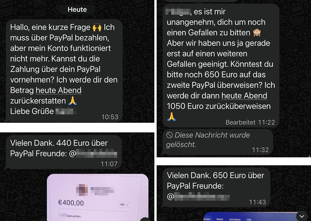 Wenn vermeintliche Freunde um finanzielle Hilfe über PayPal-Freunde bitten, ist Skepsis angesagt | Screenshots: Mimikama