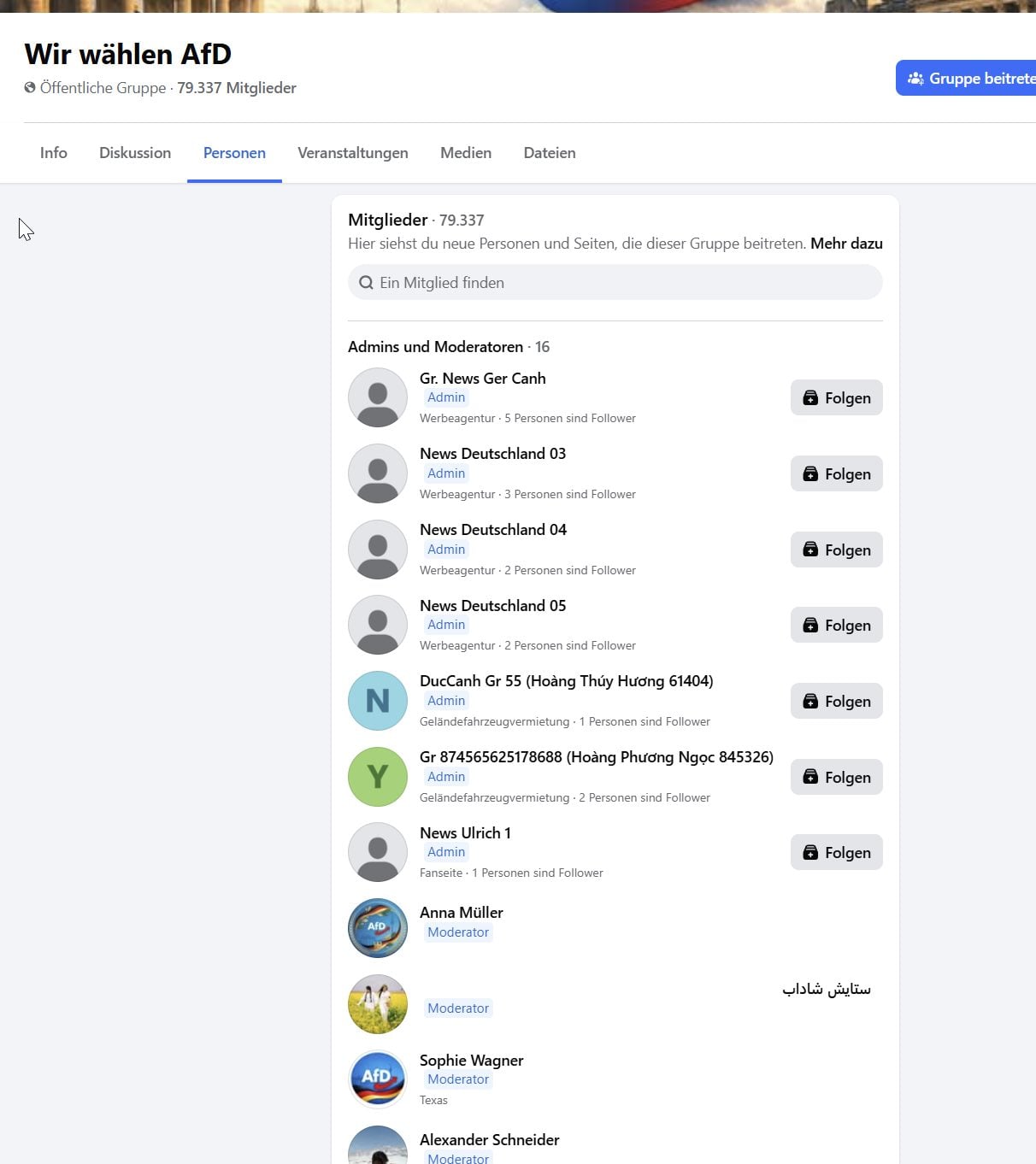 Administratorenliste einer der Gruppen mit vier eingetragenen Seiten