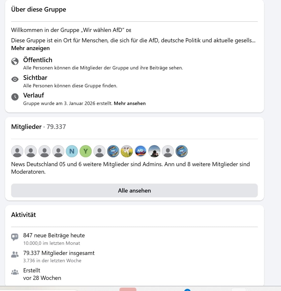 Der Gruppenverlauf bei Facebook mit Gründungsdatum und Mitgliederentwicklung.