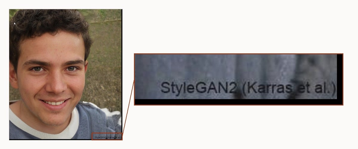 Ein Profilbild mit dem Wasserzeichen eines Bildgenerators, links das Bild, rechts der vergrößerte Ausschnitt.