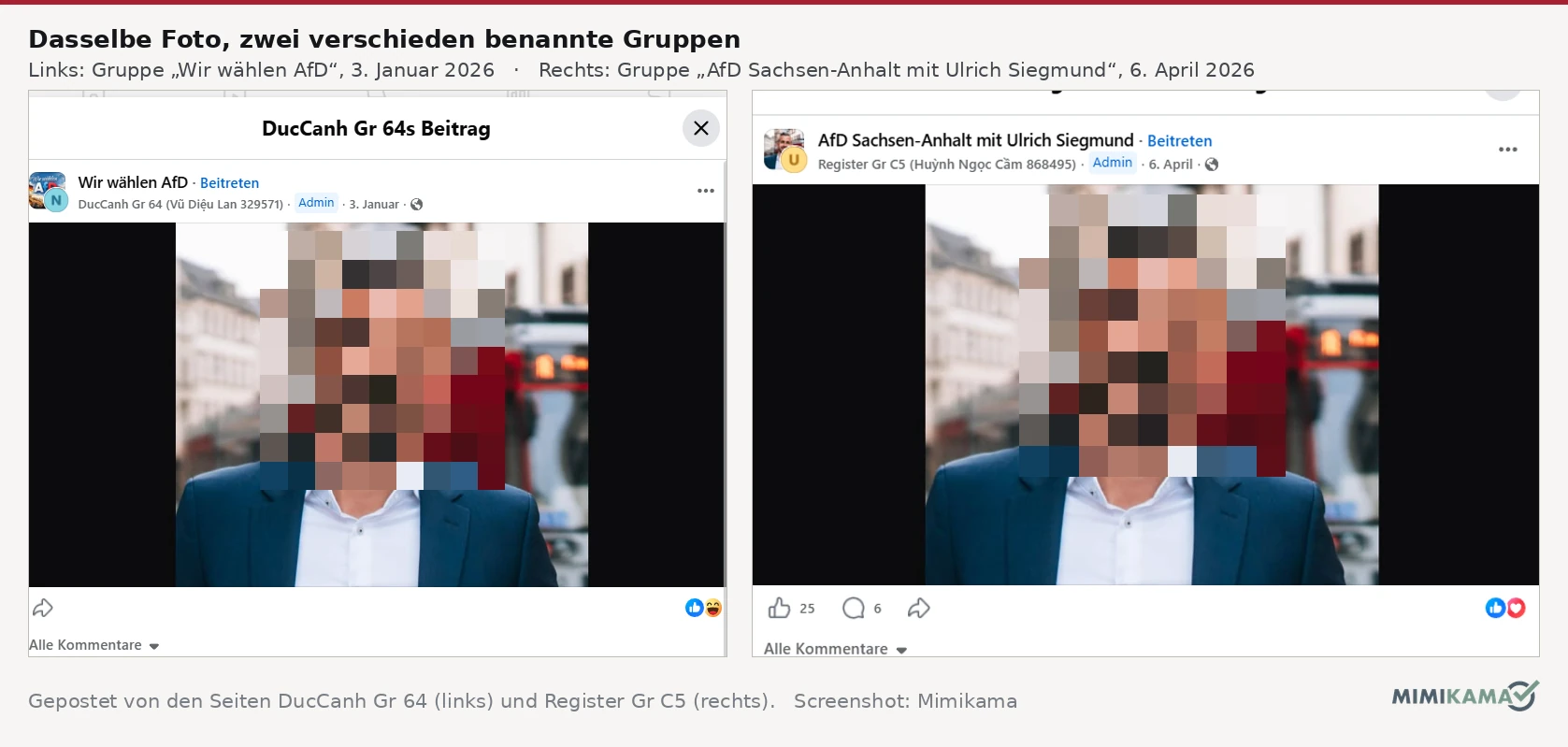 Zwei Bildschirmaufnahmen nebeneinander. Links ein Beitrag der Seite DucCanh Gr 64 in der Gruppe „Wir wählen AfD“ vom 3. Januar 2026, rechts ein Beitrag der Seite Register Gr C5 in der Gruppe „AfD Sachsen-Anhalt mit Ulrich Siegmund“ vom 6. April 2026. Beide Beiträge zeigen dieselbe Fotografie.