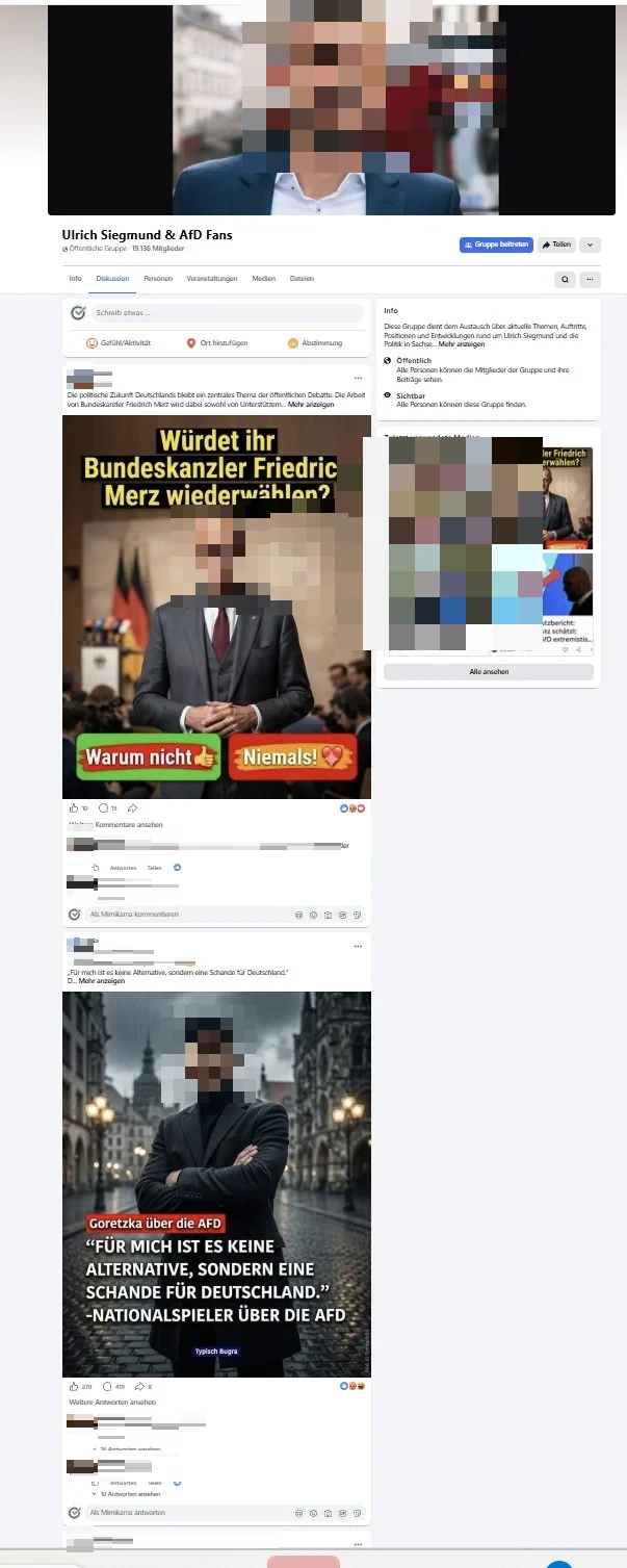 Ansicht der Gruppe „Ulrich Siegmund & AfD Fans“ bei Facebook mit Titelbild, Mitgliederzahl und zwei Beiträgen, unter denen Mitglieder kommentiert haben.